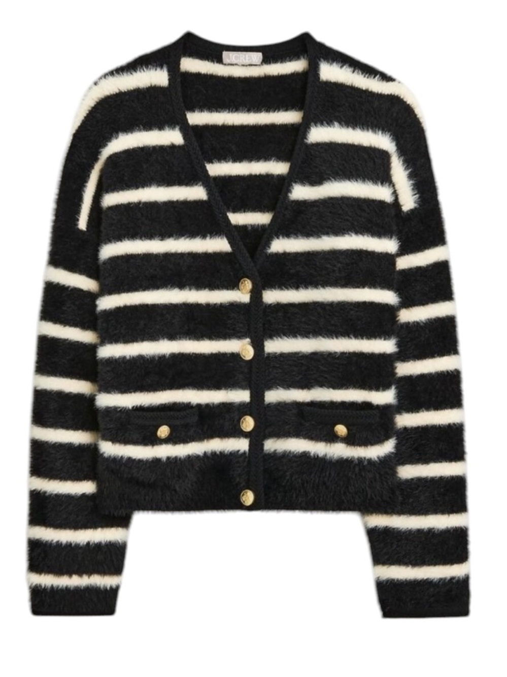 J. Crew Sweater Lady Jacket in Striped Brushed Yarn M Black White Stripes Plush